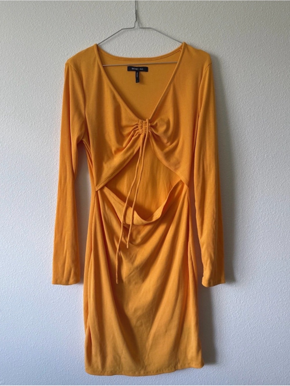 BCBG Golden Yellow Long-Sleeve Cutout Drawstring Dress